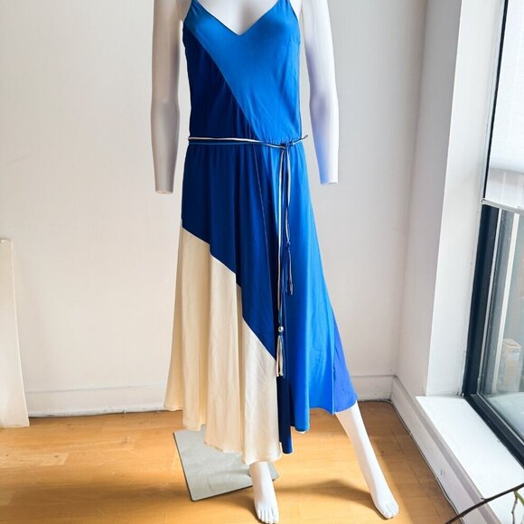 Vintage Tristan Blue Ivory Colour block SILK Midi Dress XS - Picture 3 of 8